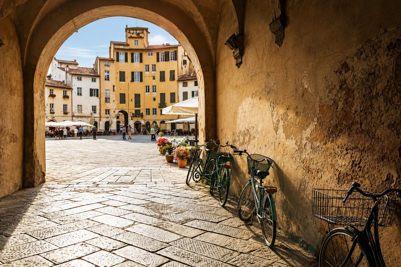 Piazza dell'Anfiteatro a Lucca vista da sotto un arco, con biciclette appoggiate al muro